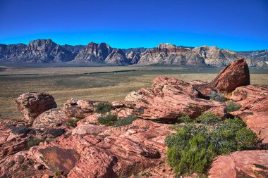 Las Vegas Nevada yakınlarındaki Red Rock Kanyonu 'nda parlak mavi gökyüzü altında çöl ovaları ve engebeli dağ sıraları ile canlı kırmızı kaya oluşumları ve bez dokusu göze çarpıyor..
