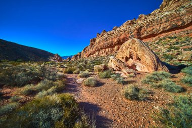 Güneş ışığı, Las Vegas yakınlarındaki Kızıl Kaya Kanyonu Koruyucu Melek yolunda canlı çöl kayalarını ve engebeli araziyi aydınlatır. Dramatik kaya ve çarpıcı mavi gökyüzü maceralı bir hava yarattı..