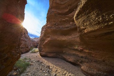 Arizona 'daki Ürkütücü Kanyon' un engebeli kumtaşı duvarlarından güneş ışığı fışkırarak kumlu kanyon zemininde dramatik gölgeler oluşturur. Sahne, Amerika 'nın görkemli güzelliğini yansıtıyor.