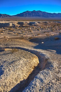Altın saat ışığı, yıpranmış çorak topraklar ve çöl bitkileri arasında dramatik gölgeler bırakıyor. Amerika Birleşik Devletleri 'nde Las Vegas Nevada yakınlarındaki Tule Springs Fosil Yatağı' nda uzak dağlar var..