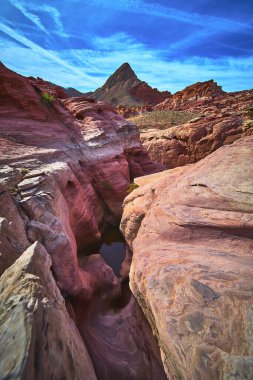 Canlı kırmızı kumtaşı Las Vegas Nevada yakınlarındaki Ateş Kasesi 'nde küçük bir su havzasıyla dramatik bir delik kanyonu oluşturur. Pürüzsüz kaya oluşumları ve berrak mavi bir gökyüzü çarpıcı bir çöl manzarası yaratır..