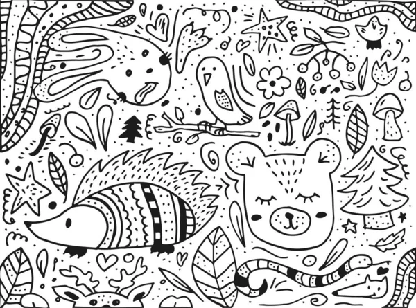 Doodle Stil Von Hand Gezeichnet Natur Tiere Und Elemente Vektorillustration — Stockvektor