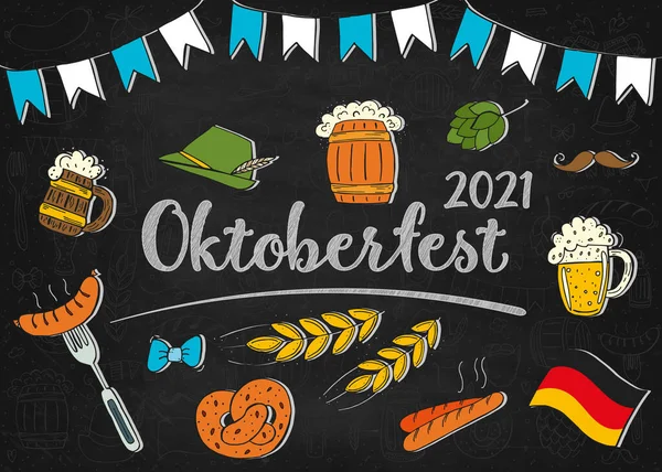 Oktoberfest 2021 Festival Cerveza Elementos Doodle Dibujados Mano Fiesta Tradicional — Archivo Imágenes Vectoriales
