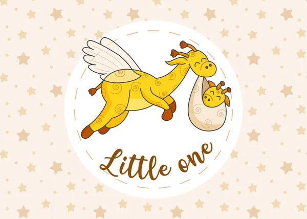 Pocztówka Dla Noworodka Zabawna Latająca Żyrafa Cześć Kochanie Gratuluję Narodzin — Wektor stockowy