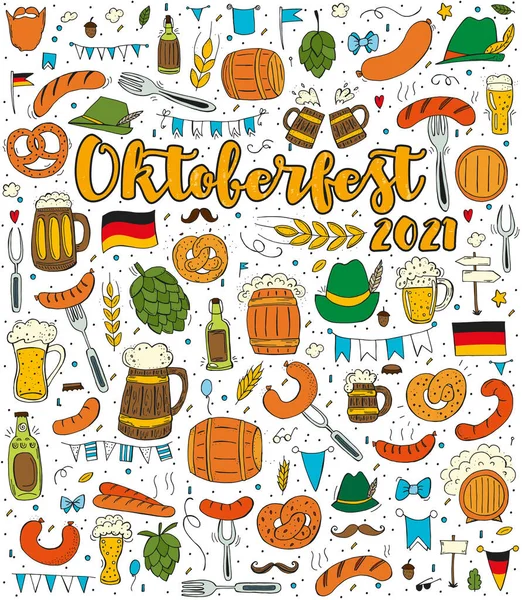 Oktoberfest 2021 Festival Cerveza Elementos Doodle Dibujados Mano Fiesta Tradicional — Archivo Imágenes Vectoriales