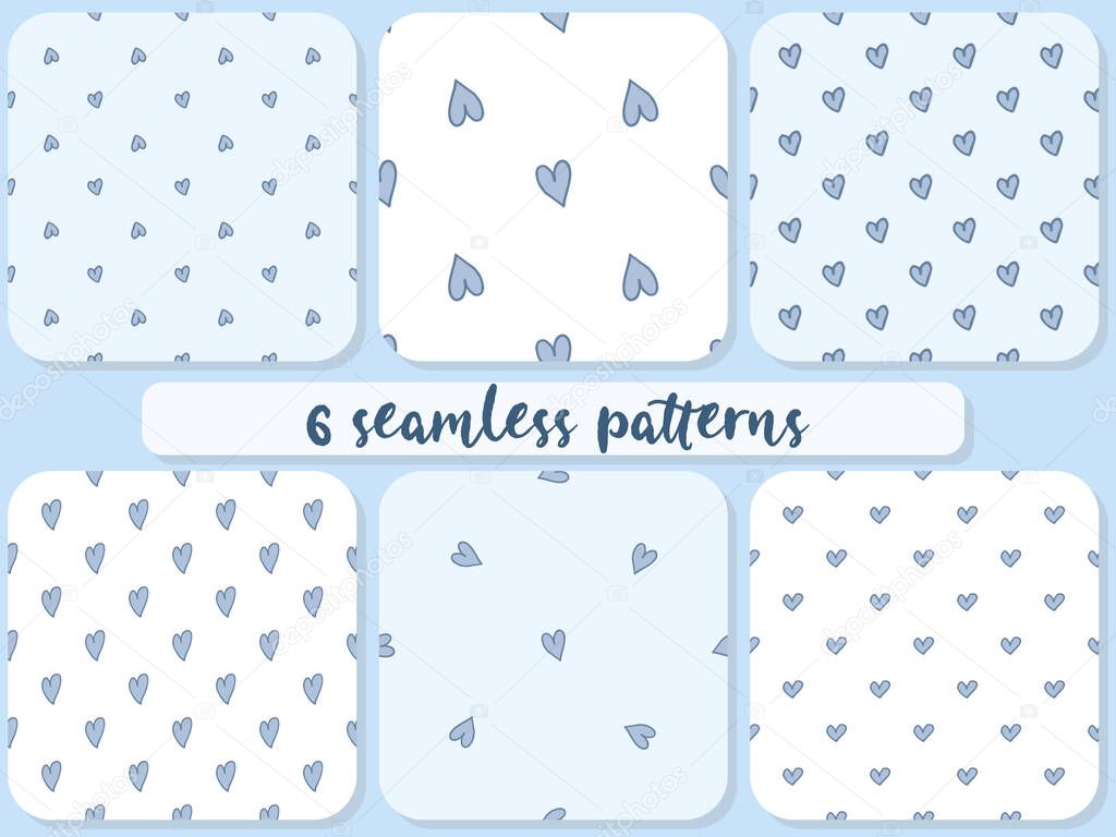 Set of 6 seamless patterns. Doodle style hand drawn. Nature elements. Vector illustration. Blue hearts on a light blue and white background.