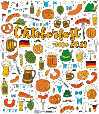 Ekim Festivali 2021 - Bira Festivali. El yapımı Doodle elementleri. Geleneksel Alman bayramı. Elementler kümesi.