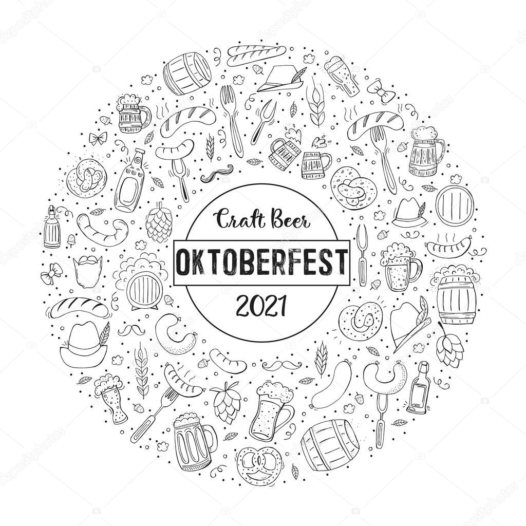 Oktoberfest 2021 - Beer Festival. Hand-drawn Doodle Elements. A set of elements in the form of a circle.