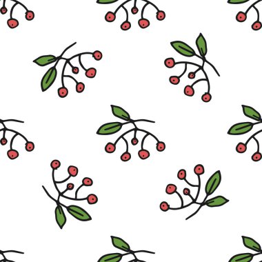 Kusursuz desen. Doodle tarzı el çizimi. Doğa elementleri. Vektör çizimi. Beyaz zemin üzerinde kırmızı dağ külleri (rowan) kümeleri.