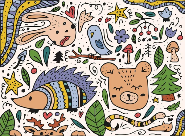 Doodle Styl Ręcznie Rysowane Natura Zwierzęta Żywioły Ilustracja Wektora Mieszkańcy — Wektor stockowy