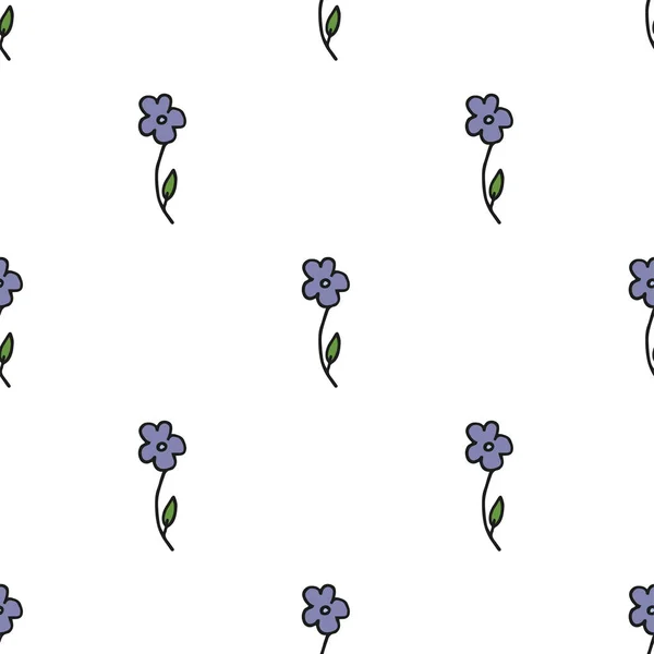 Płynny wzór. Doodle styl ręcznie rysowane. Fioletowe kwiaty z zielonymi liśćmi na białym tle. — Wektor stockowy
