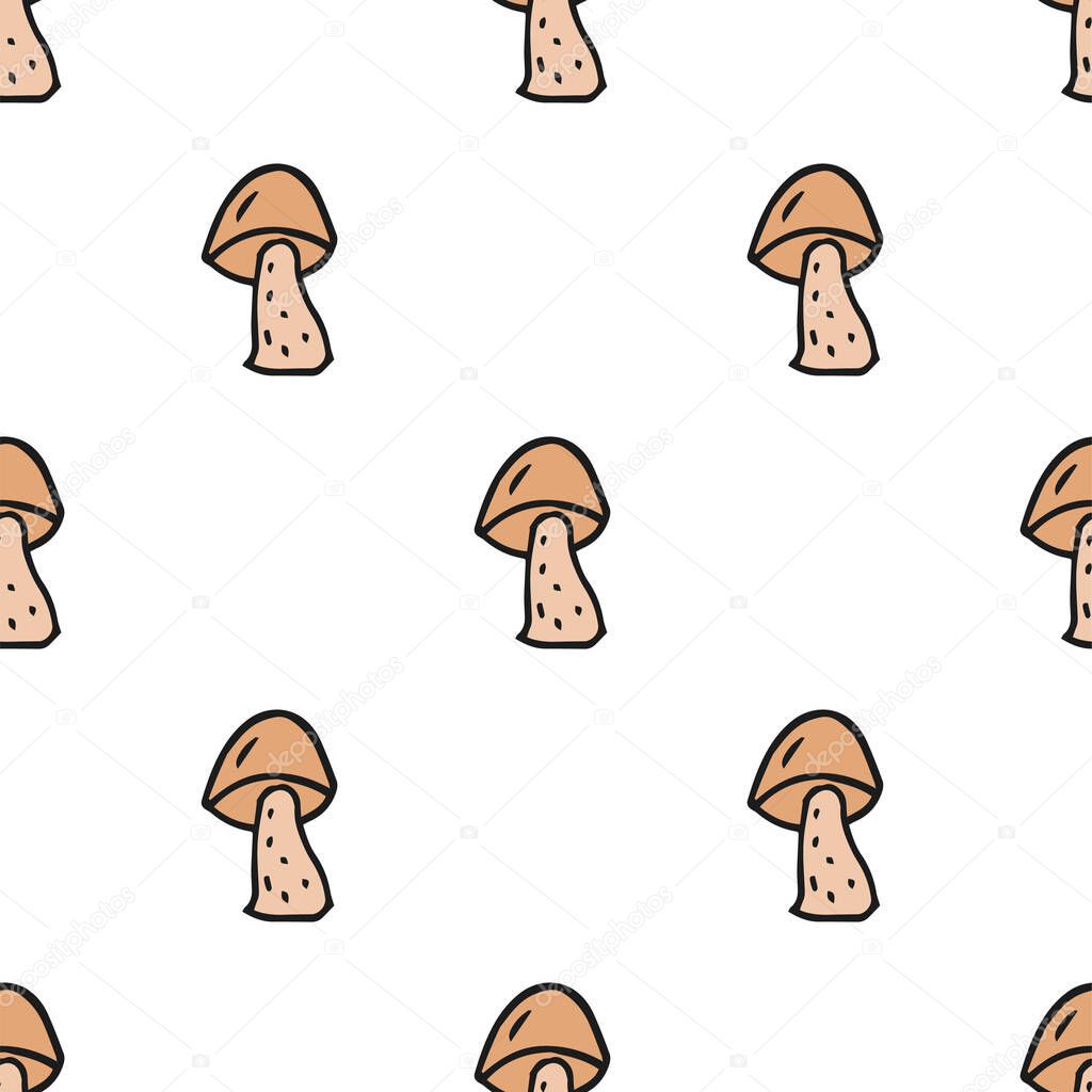 Seamless pattern. Doodle style hand drawn. Nature, animals and elements. Vector illustration. Beige mushrooms on a white background.