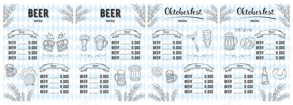 Oktoberfest 2021 - Beer Festival. Hand-drawn Doodle Elements. German Traditional holiday. Octoberfest, Craft Beer. Blue-white rhombus. Vertical Beer Menu.