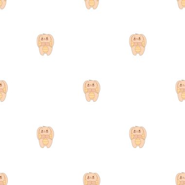 Elle çizilmiş sevimli hayvanlar. Kusursuz desen. Çizgili kulaklı ve göbekli bir tavşan. Beyaz arka plan. Vektör.