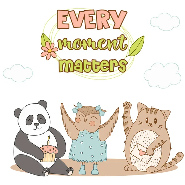 Kézzel Rajzolt Aranyos Állatok Betűkkel Macska Borítékkal Panda Sütivel Gyertyával — Stock Vector