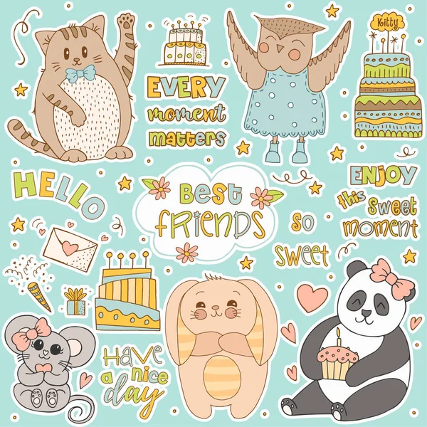 Kézzel Rajzolt Aranyos Állatok Betűkkel Macska Panda Nyuszi Csíkos Fülekkel — Stock Vector