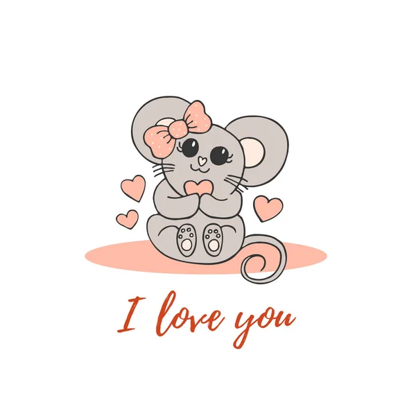 Hand Drawn Cute Animals Lettering Mouse Pink Bow Heart Love — Stock Vector