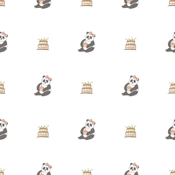 Handgezeichnete Niedliche Tiere Nahtloses Muster Panda Kuchen Mit Kerzen Weißer — Stockvektor