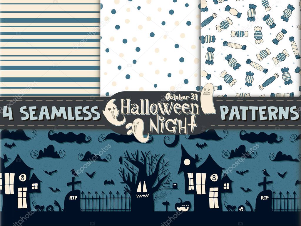 4 seamless patterns. Halloween - October 31. Hand-drawn doodle illustration. A traditional holiday, the eve of All Saints ' Day, All Hallows' Eve. Trick or treat. Happy Halloween 2021!