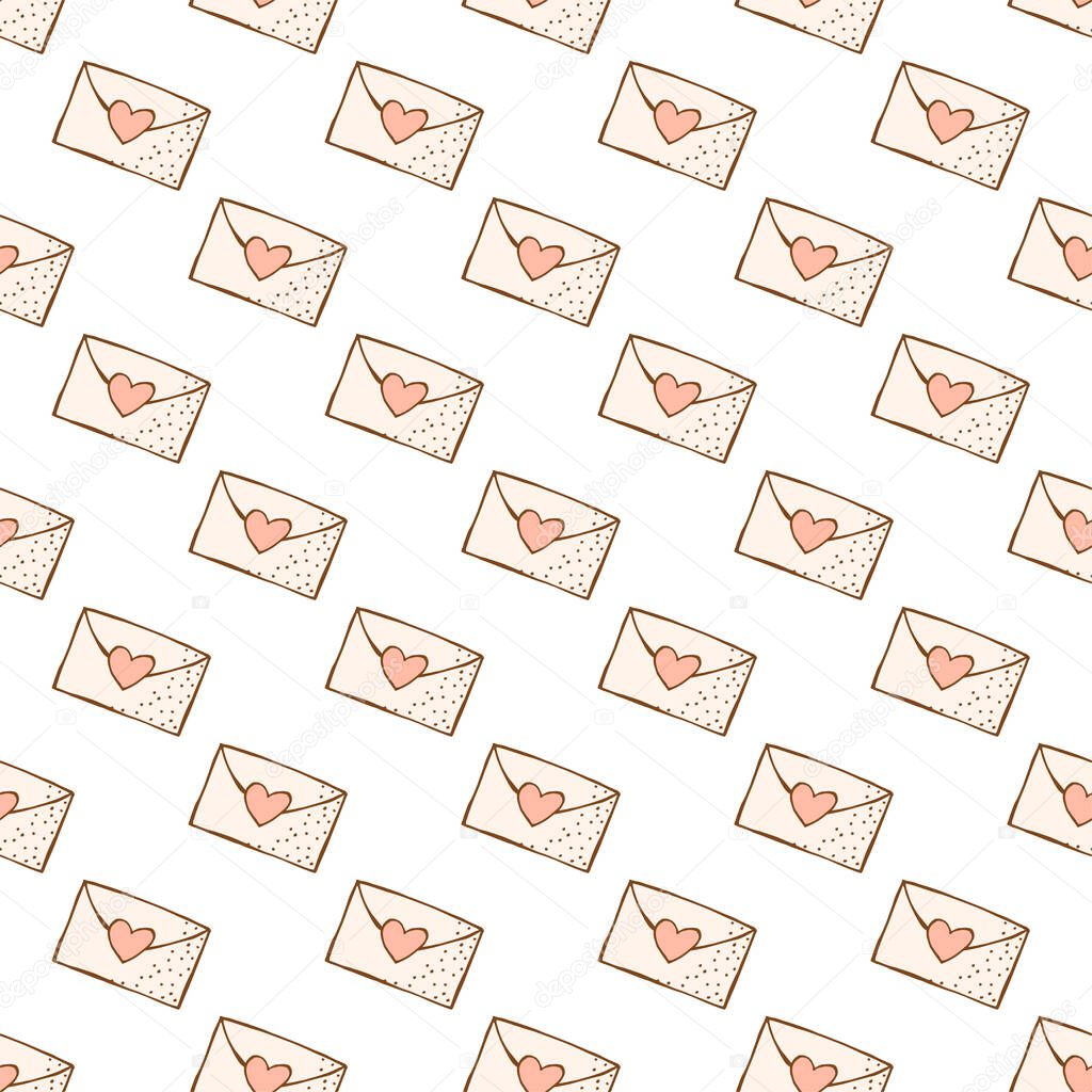 Hand drawn seamless pattern. Doodle style. Festive elements. Envelope with heart. White background. Vector.
