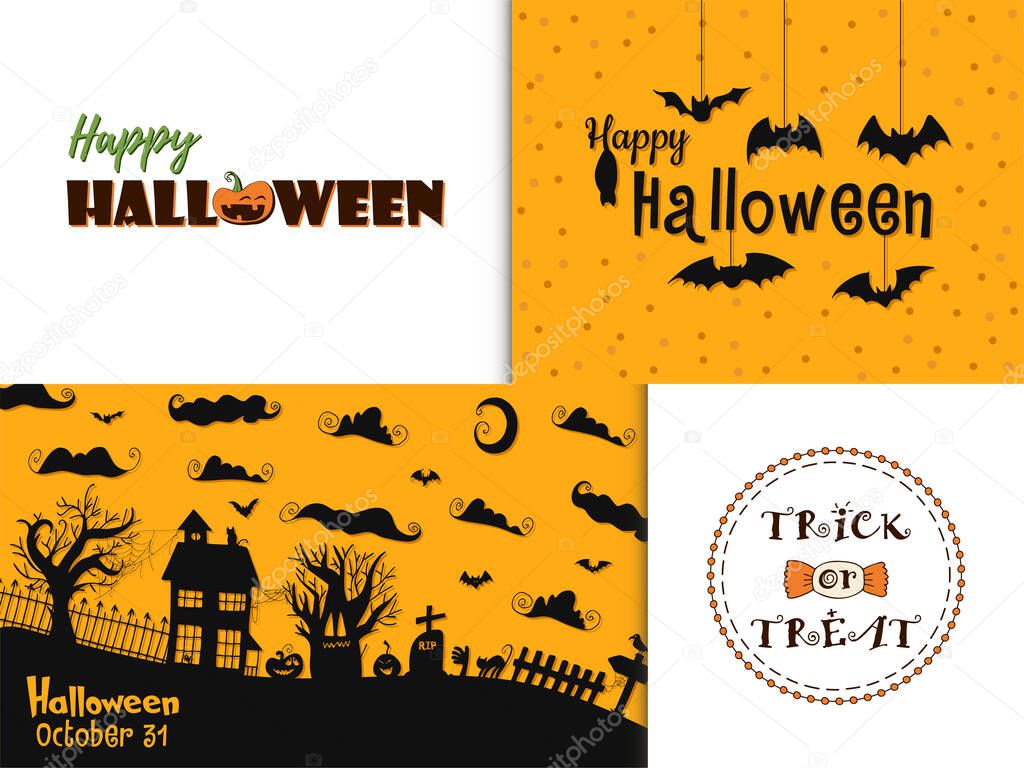 Set of 4 illustration. Halloween - October 31. Hand-drawn doodle illustration. A traditional holiday, the eve of All Saints ' Day, All Hallows' Eve. Trick or treat. Happy Halloween 2021!