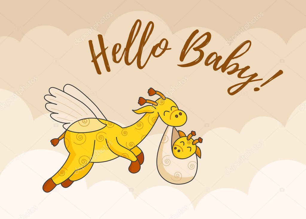 A postcard for a newborn. Funny flying giraffe. Hello Baby. Congratulations on the birth of a child. Birth certificate. Vector illustration. Hello world.
