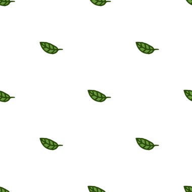 Kusursuz desen. Doodle tarzı el çizimi. Doğa elementleri. Vektör çizimi. Beyaz arkaplanda yeşil yapraklar.