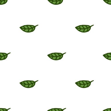 Kusursuz desen. Doodle tarzı el çizimi. Doğa elementleri. Vektör çizimi. Beyaz arkaplanda yeşil yapraklar.