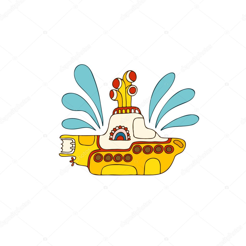 Yellow submarine in doodle style. Hand drawn logo. White background.