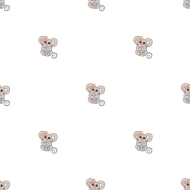 Elle çizilmiş sevimli hayvanlar. Kusursuz desen. Pembe yayı ve kalbi olan bir fare. Beyaz arka plan. Vektör.