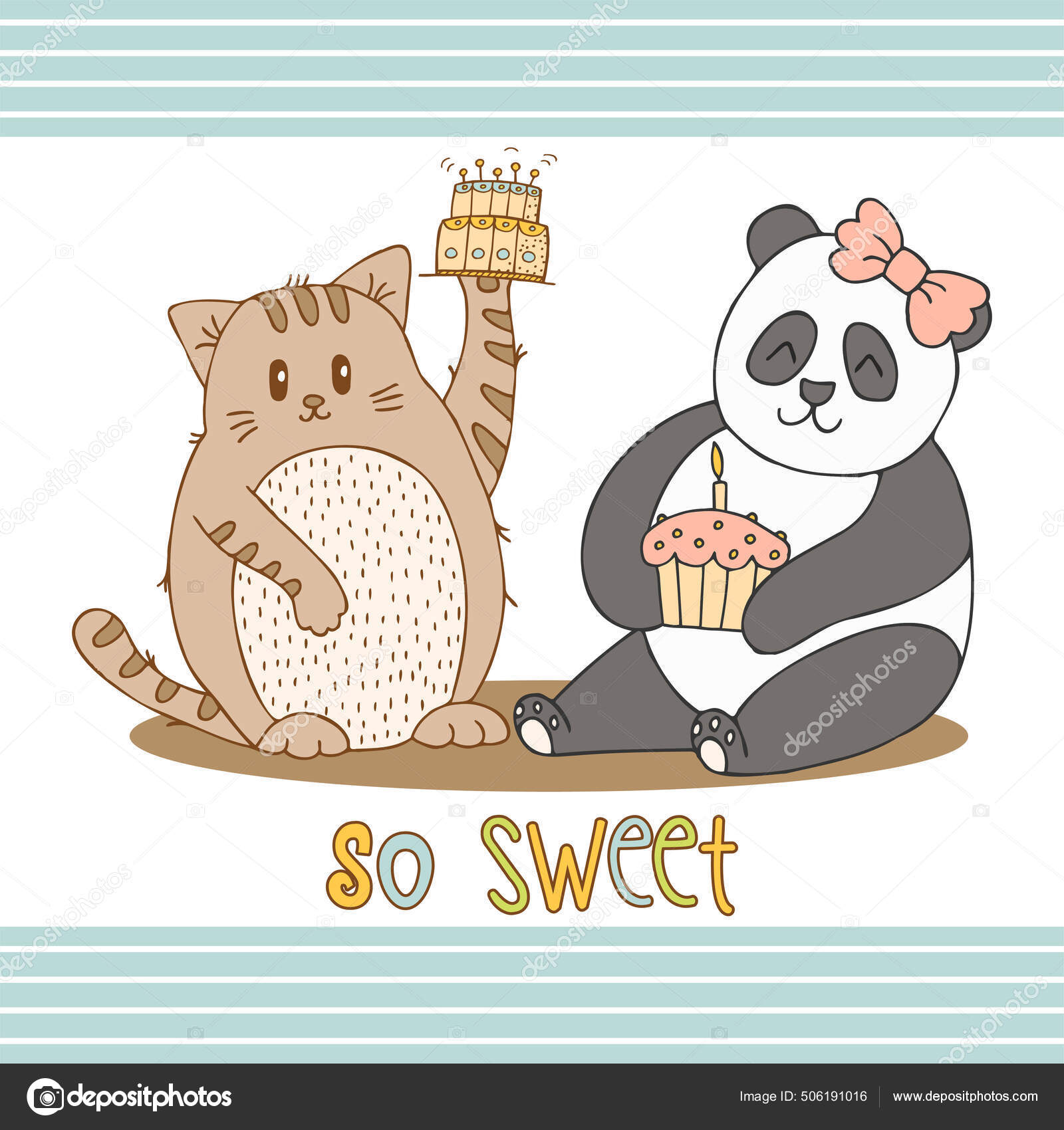 Ручное Рисование Милых Животных Надписью Кэт Панда Тортом Кекс.