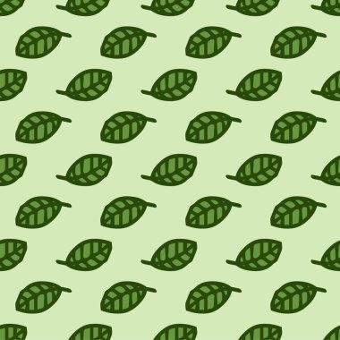 Kusursuz desen. Doodle tarzı el çizimi. Doğa elementleri. Vektör çizimi. Yeşil arkaplanda yeşil yapraklar.