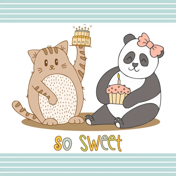 Animaux Mignons Dessinés Main Avec Lettrage Chat Panda Avec Gâteau — Image vectorielle