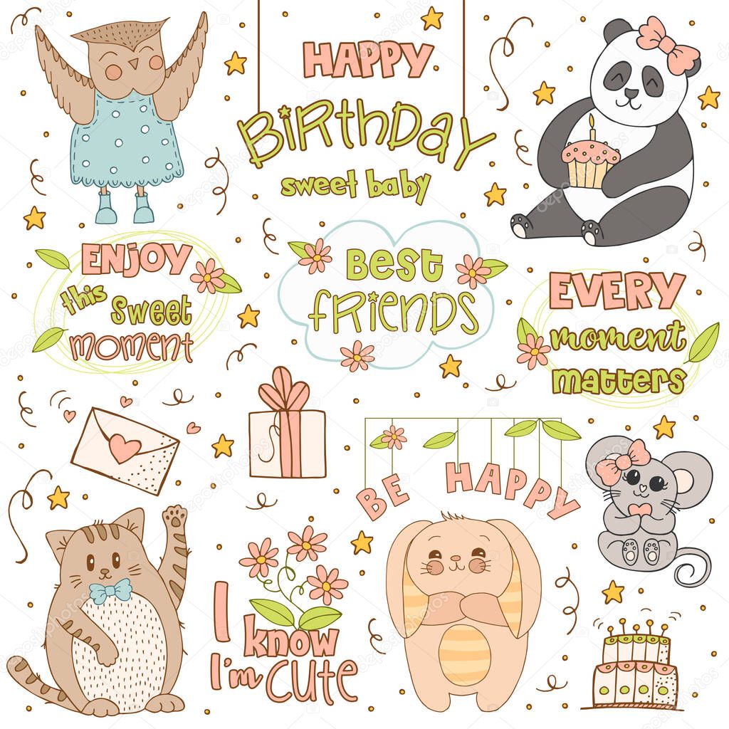 Hand drawn cute animals with lettering. Cat, Panda, Bunny with striped ears and a belly, Mouse with a pink bow and a heart, Owl in a blue dress with polka dots and boots. Gift and cake with candles.