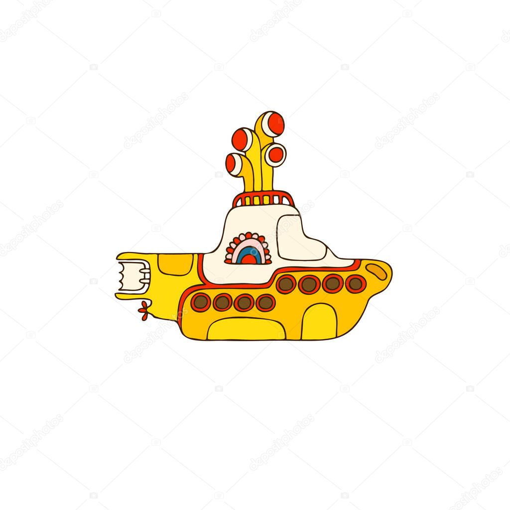 Yellow submarine in doodle style. Hand drawn logo. White background.