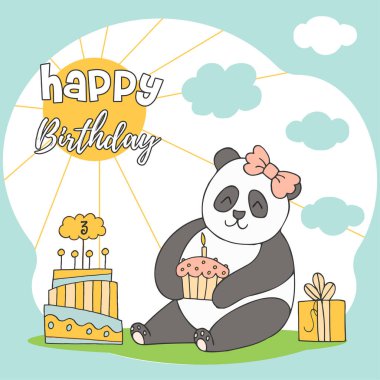 Elle çizilmiş harflerle sevimli hayvanlar. Hediyeli panda, mumlu pasta, mumlu kek. Doğum günün kutlu olsun. Vektör.