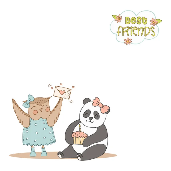 Animaux Mignons Dessinés Main Avec Lettrage Panda Hibou Dans Une — Image vectorielle