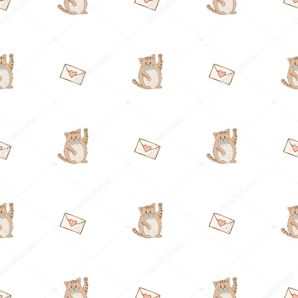 Hand drawn cute animals. Seamless pattern. Cat with envelope with heart. White background. Vector.