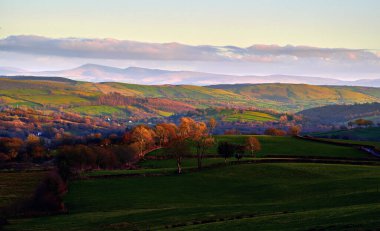 Lampeter 'dan Brecon Beacons' a uzak görüş. Galler 'in ortasındaki tepelerden gelen sarı kış günbatımında tarlalar, çalılar ve ağaçlar. Manzara, 30 mil uzaklıktaki Brecon Beacons tepelerinin olduğu Twrch Vadisi 'ne bakıyor. Galler, İngiltere.