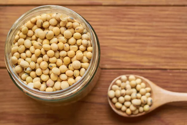 Soja Jarra Vidro Colher Madeira Conceito Comida Vegan — Fotografia de Stock