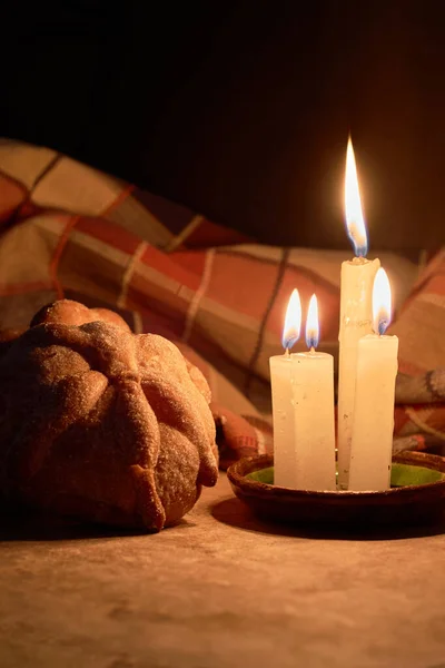 Traditional Mexican Bread Dead Candle Lighting Enjoyed Day Dead Mexican — Stock Photo, Image