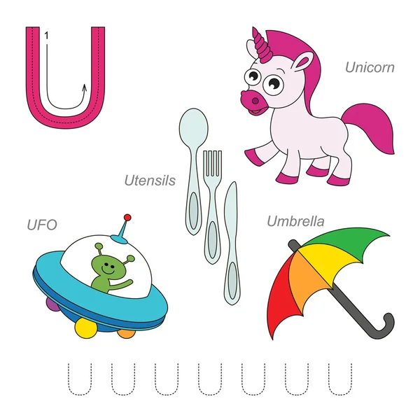 Letter U. Cartoon alphabet for children. Unicorn, umbrella, urn
