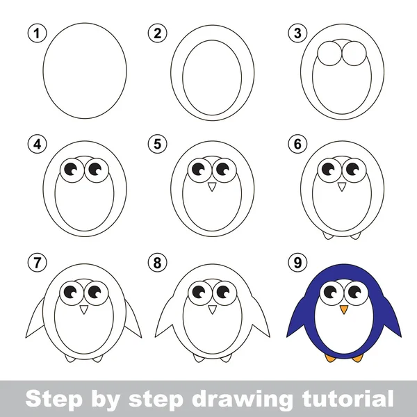 Tutorial de dibujo. Cómo dibujar un pingüino — Vector de stock