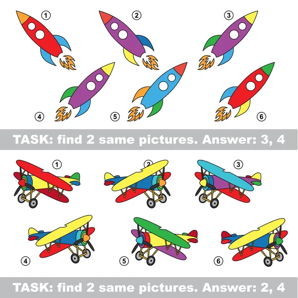 Οπτικό παιχνίδι. Βρείτε το κρυφό ζευγάρι των πυραύλων και αεροπλάνο — Διανυσματικό Αρχείο