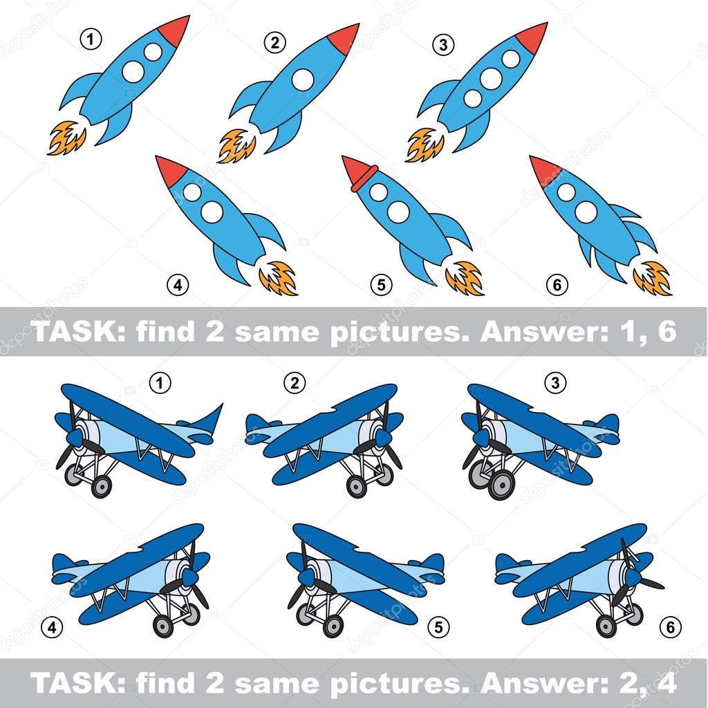 Visual game. Find hidden couple of Rocket and Plane