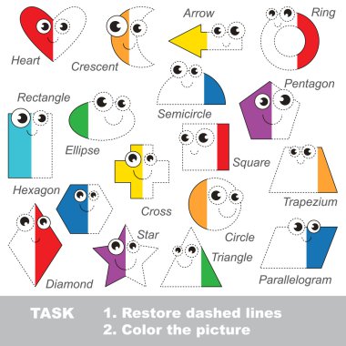 Geometrik şekiller renkli olması için ayarlayın. Vektör izleme oyunu.