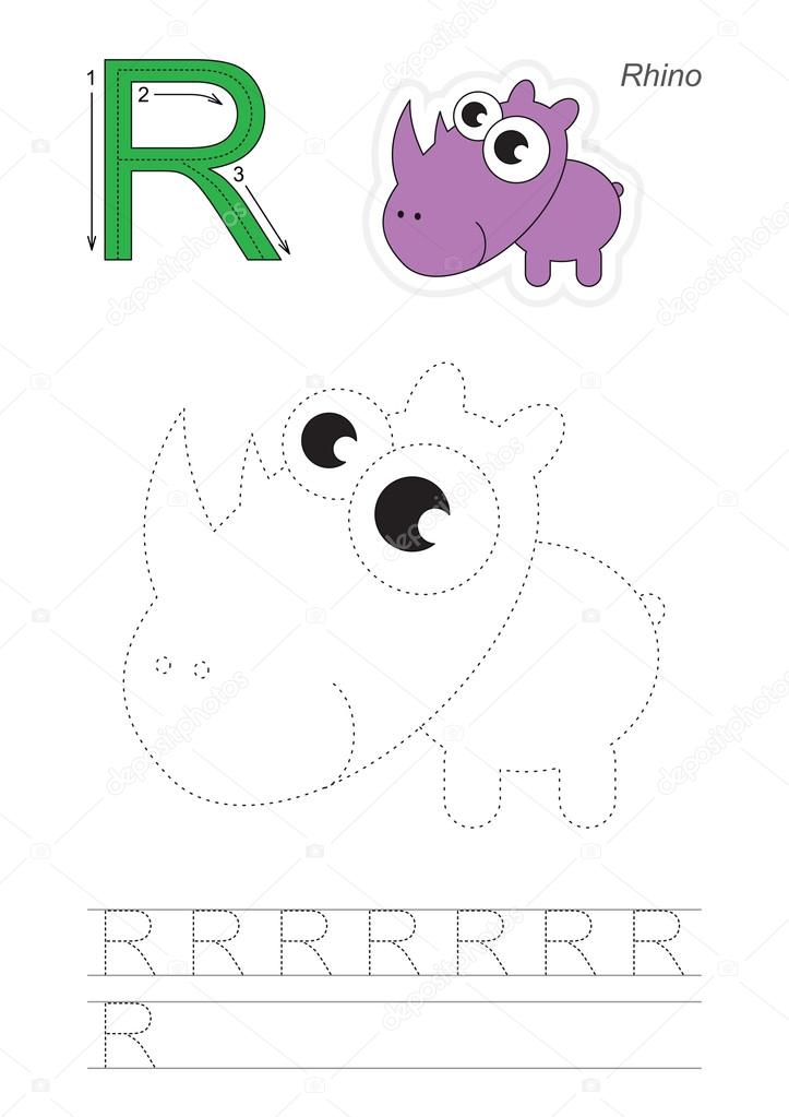 Vector exercise illustrated alphabet. Learn handwriting. Page to be traced. Complete english alphabet. Tracing worksheet for letter R