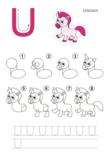 Drawing tutorial. Game for letter U — Stock Vector