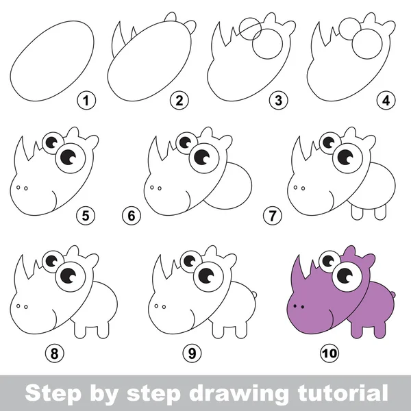 Rhinocéros. Tutoriel de dessin . — Image vectorielle