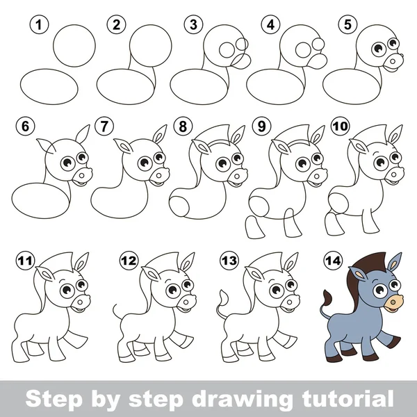 Burro. Tutorial de dibujo . — Vector de stock